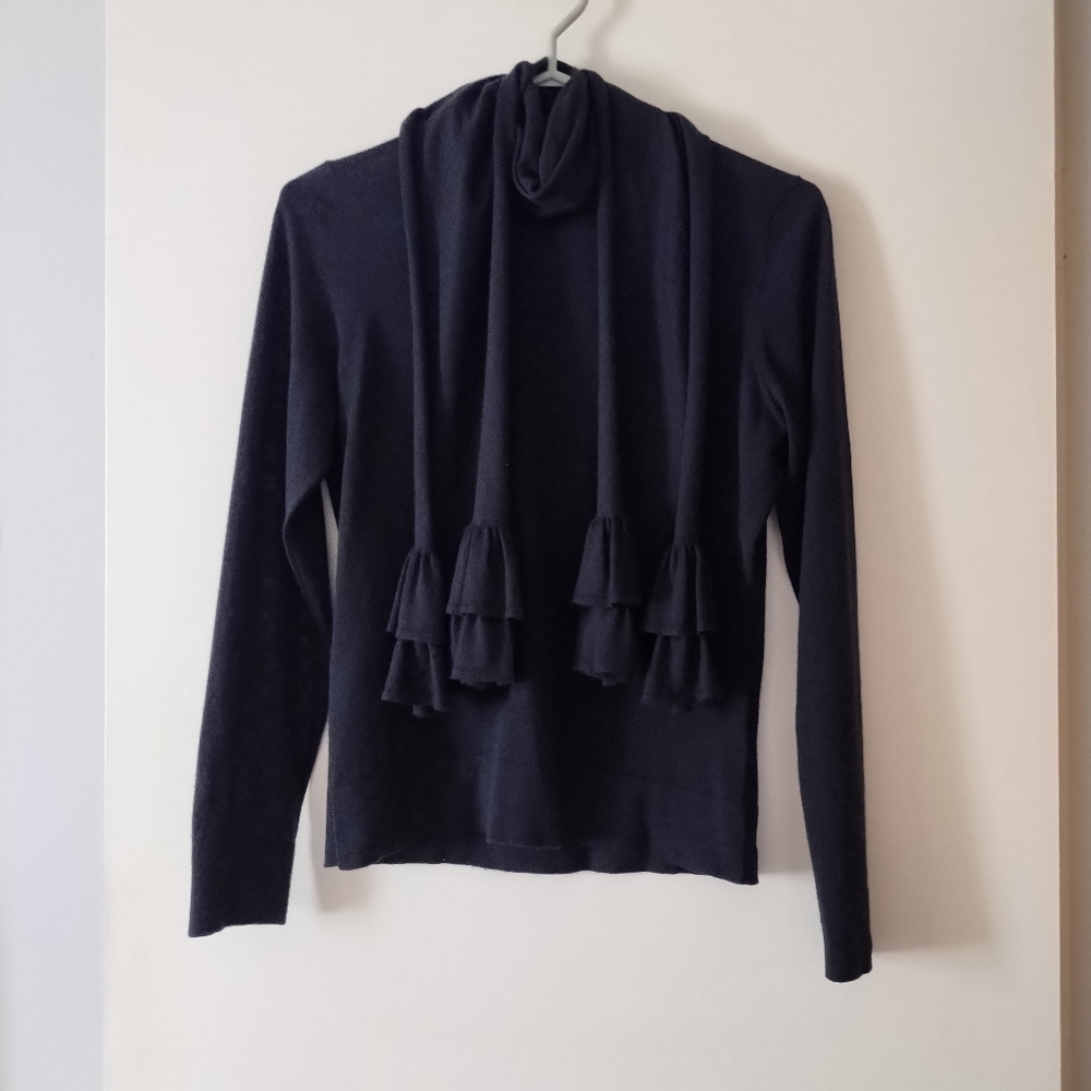 MARLOWE Blue Black Cashmere Silk Attached Ruffle Scarf Sweater S